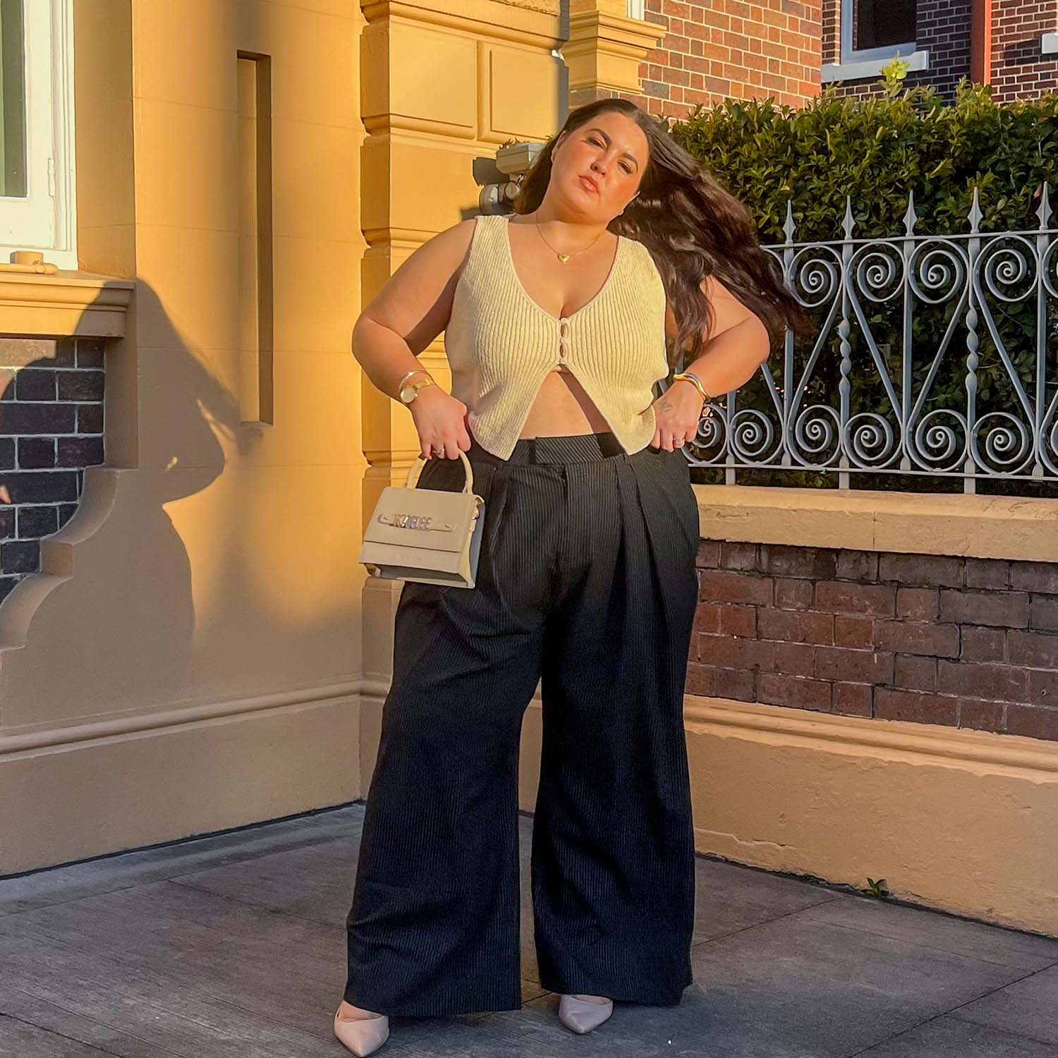 Wide Leg Pinstripe Tailored Trousers - Black - Zenithce