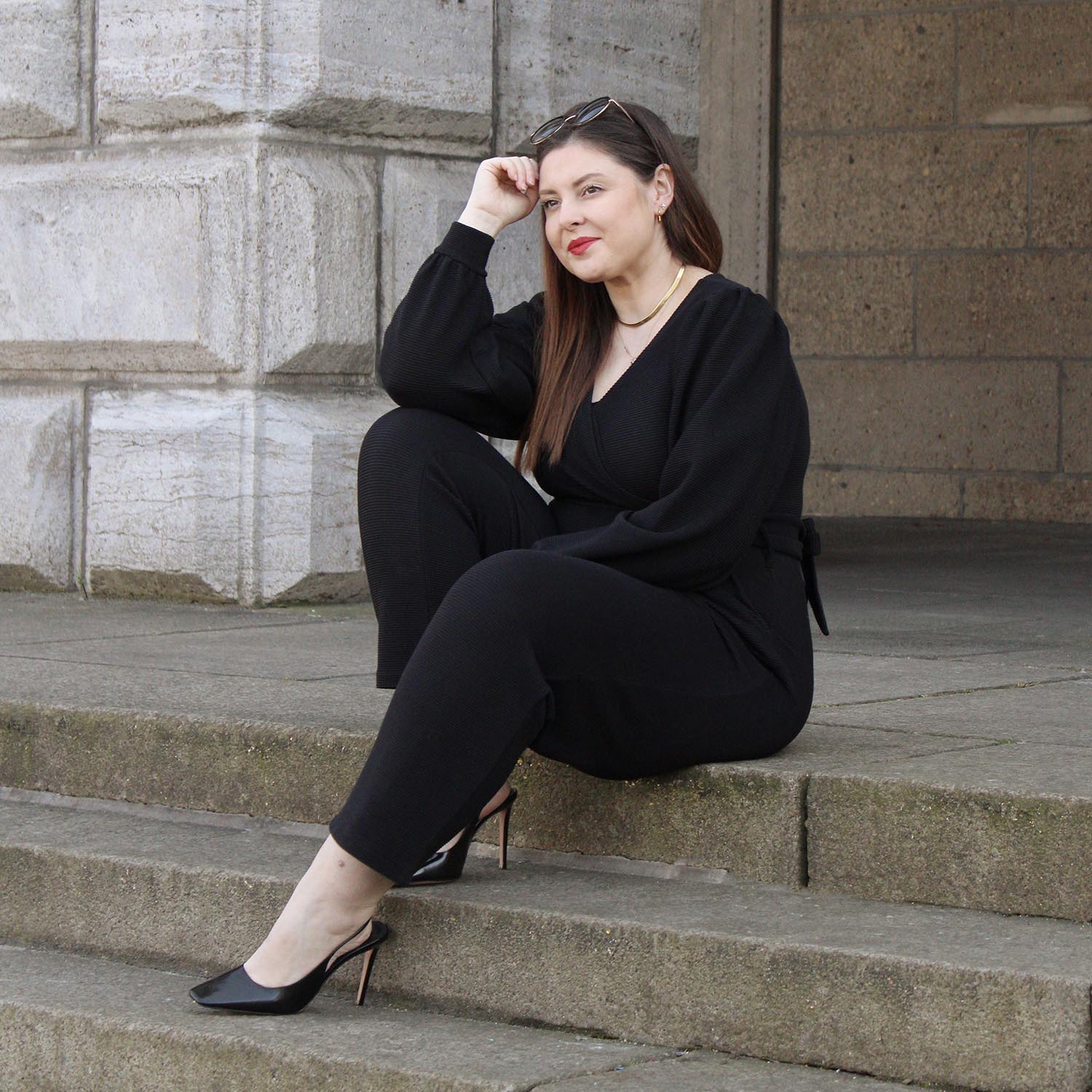 Ottoman Long Sleeve Wrap Jumpsuit - Black - Zenithce