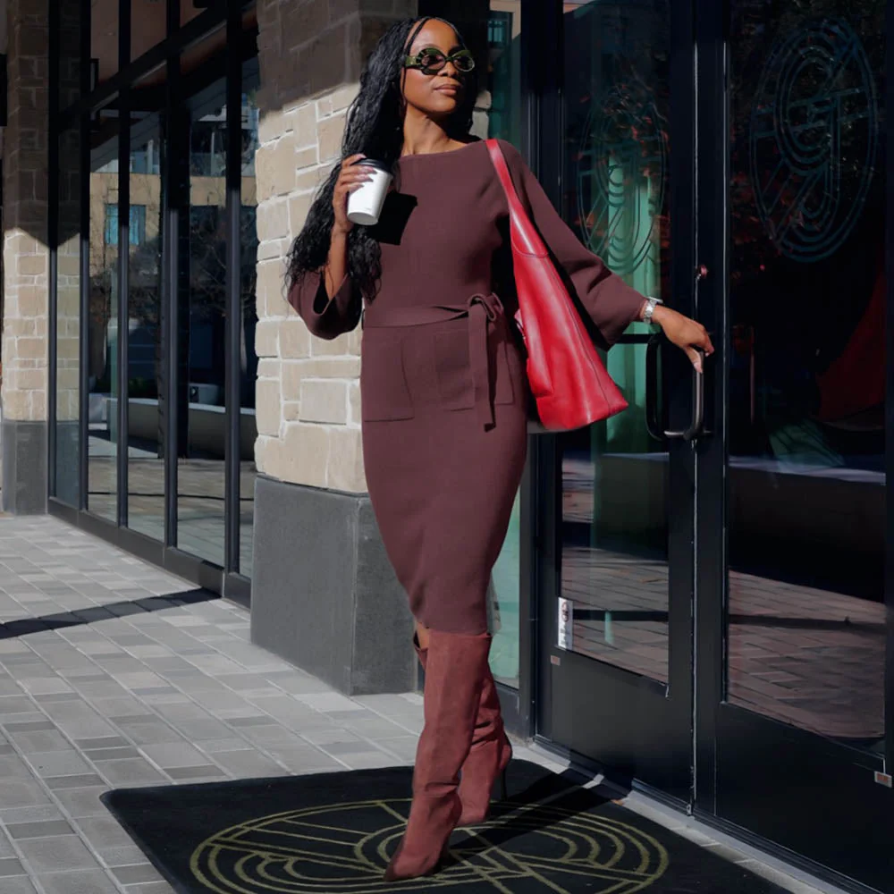 Midi Knitted Cocoon Dress - Hot Chocolate - Zenithce