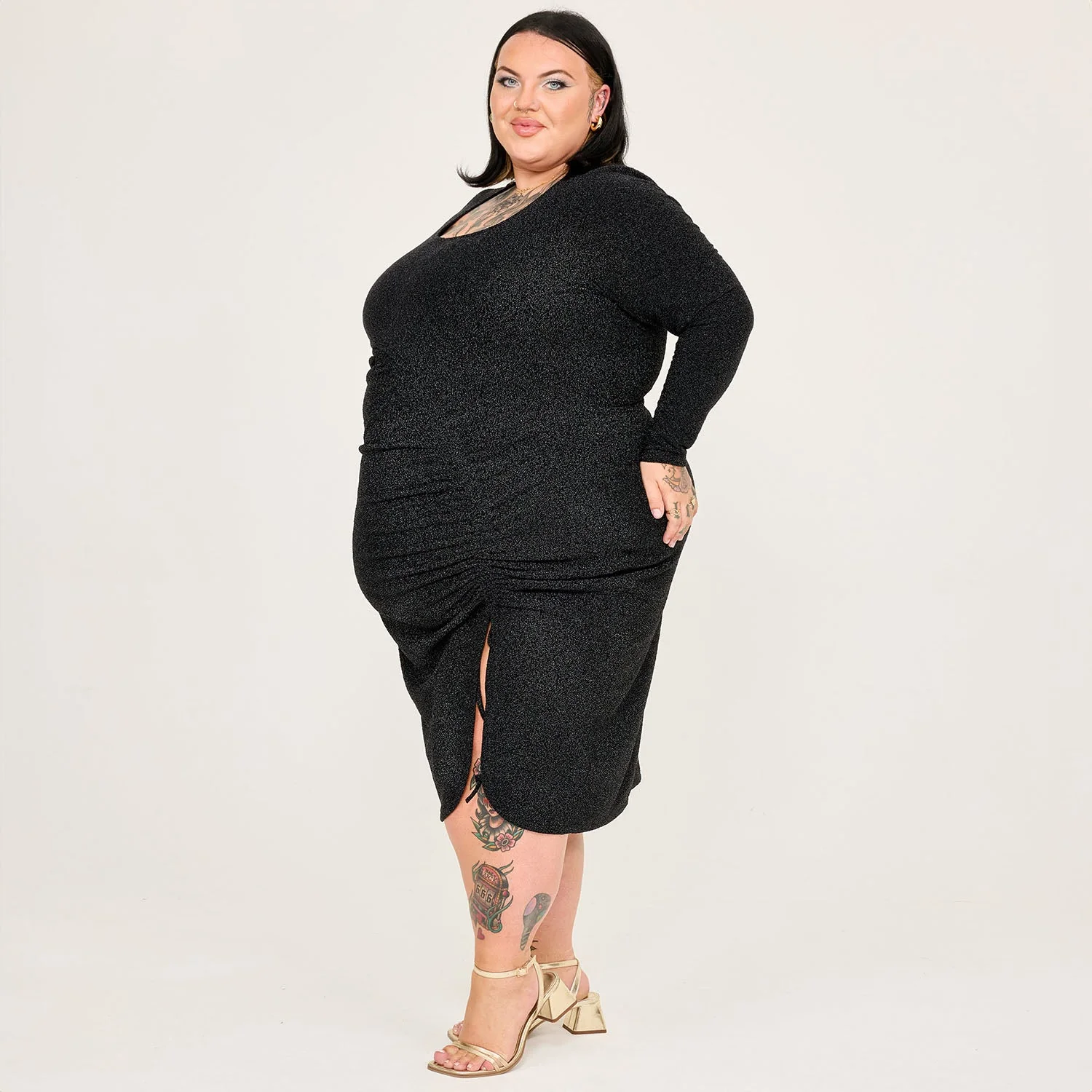 Lurex Long Sleeve Dress - Black - Zenithce