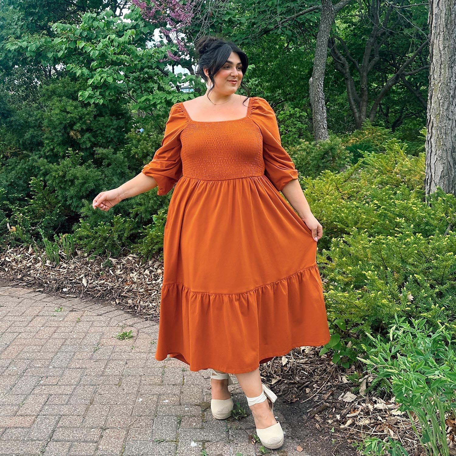 Long Sleeved Shirred Midi Dress - Toffee Apple - Zenithce