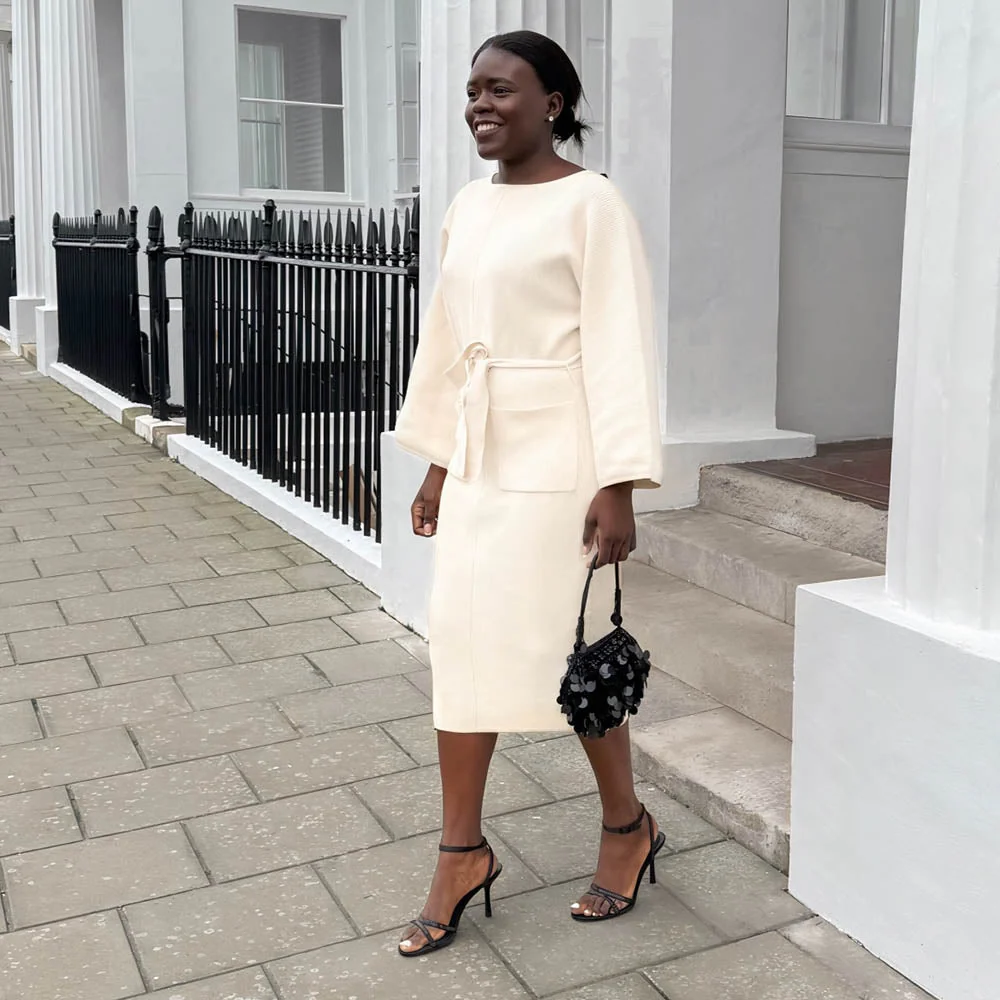 Midi Knitted Cocoon Dress - Oatmeal - Zenithce