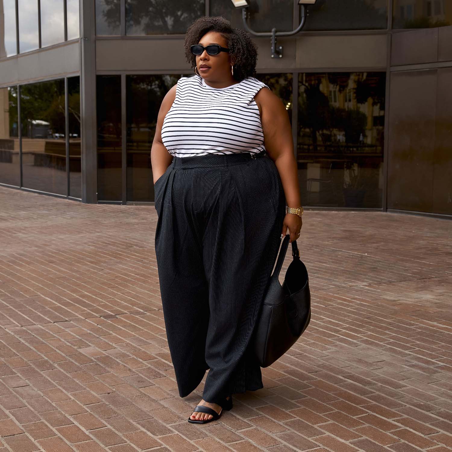 Wide Leg Pinstripe Tailored Trousers - Black - Zenithce