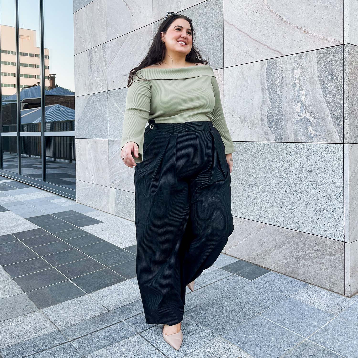 Wide Leg Pinstripe Tailored Trousers - Black - Zenithce