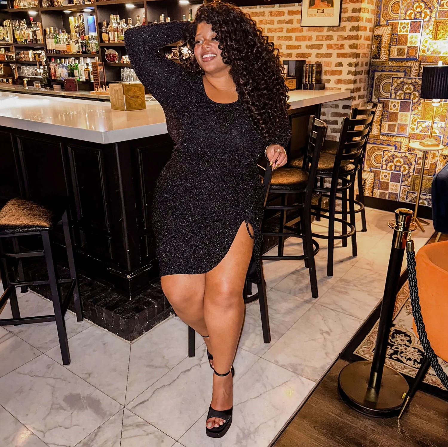 Lurex Long Sleeve Dress - Black - Zenithce