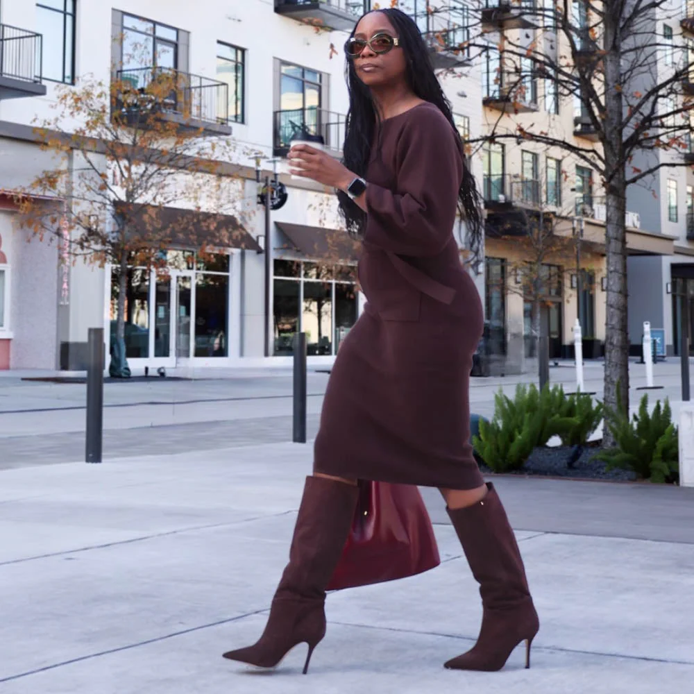 Midi Knitted Cocoon Dress - Hot Chocolate - Zenithce