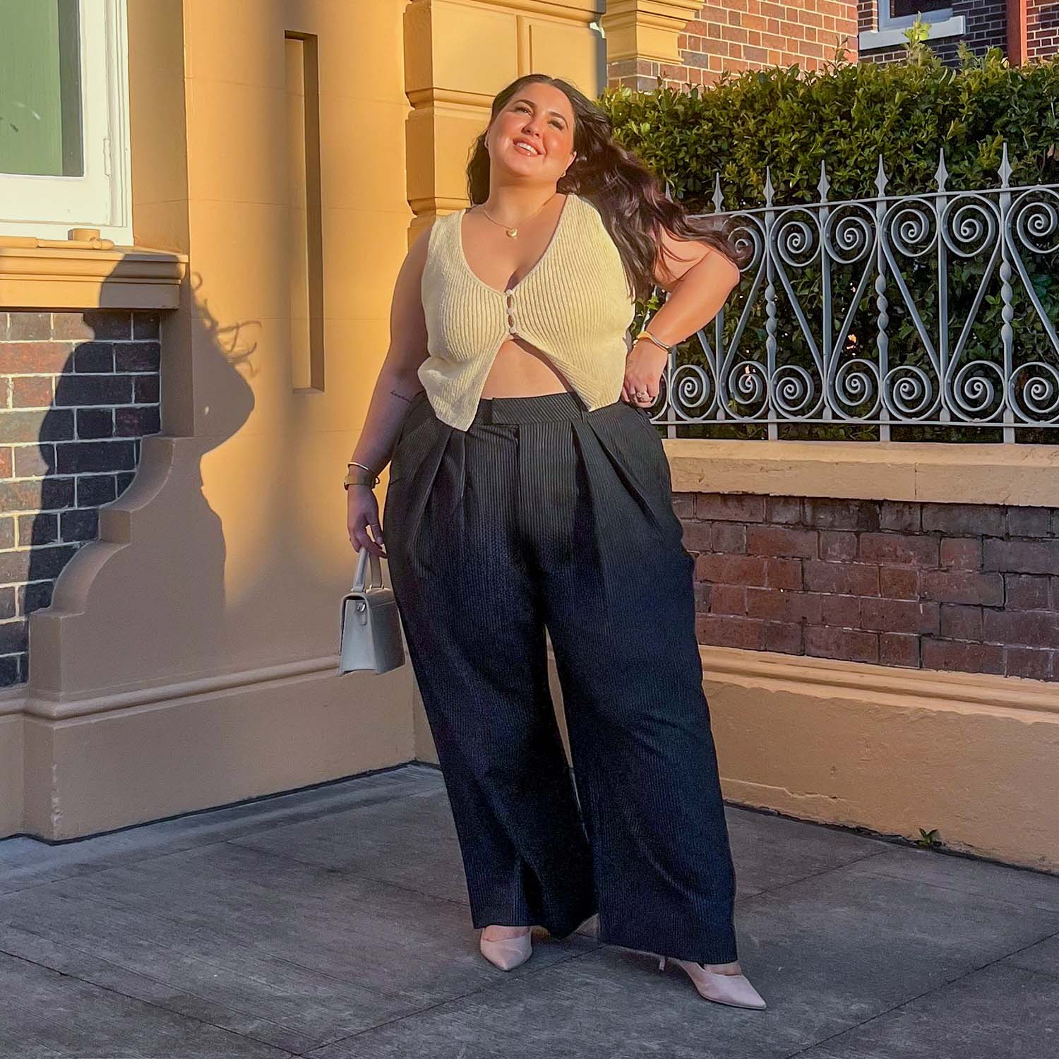 Wide Leg Pinstripe Tailored Trousers - Black - Zenithce