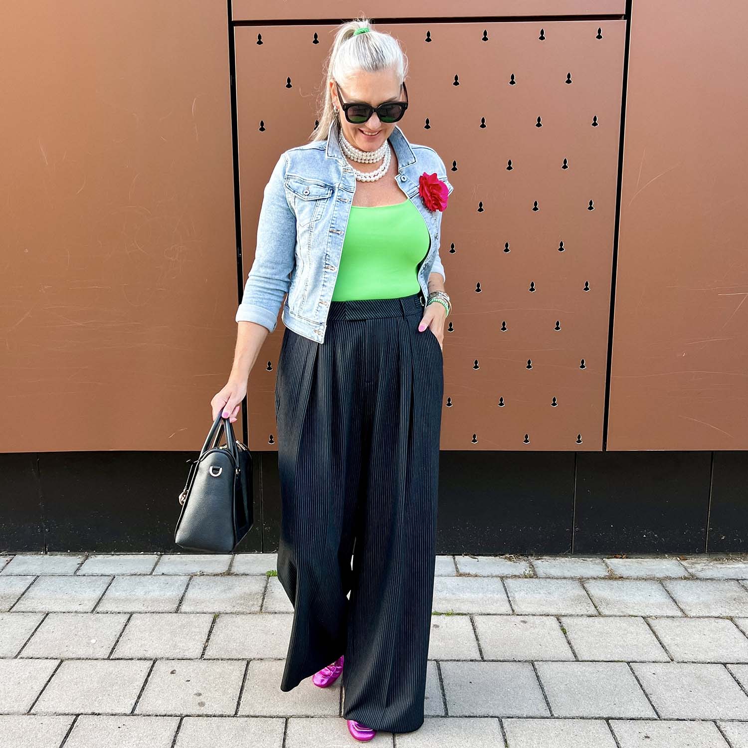 Wide Leg Pinstripe Tailored Trousers - Black - Zenithce