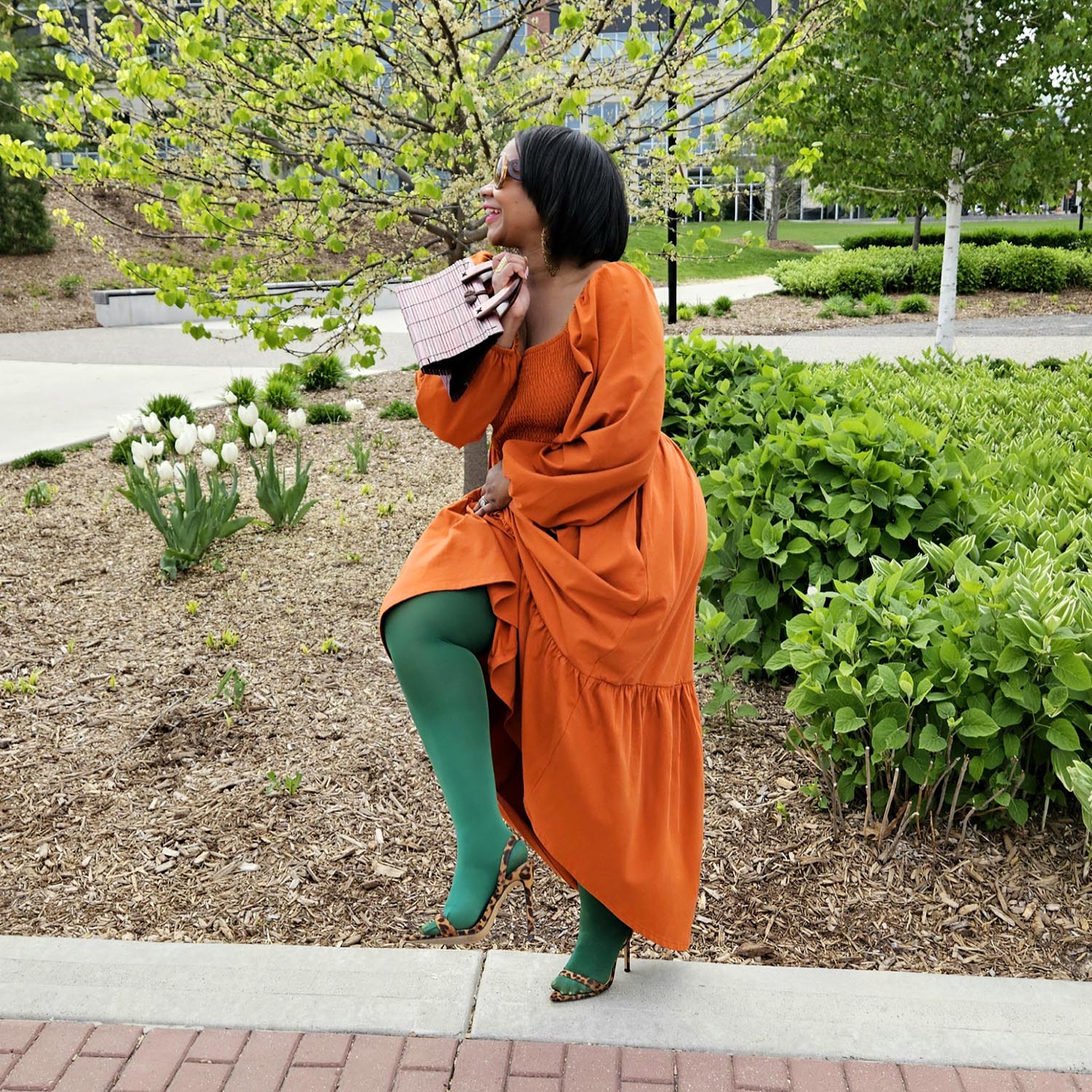 Long Sleeved Shirred Midi Dress - Toffee Apple - Zenithce