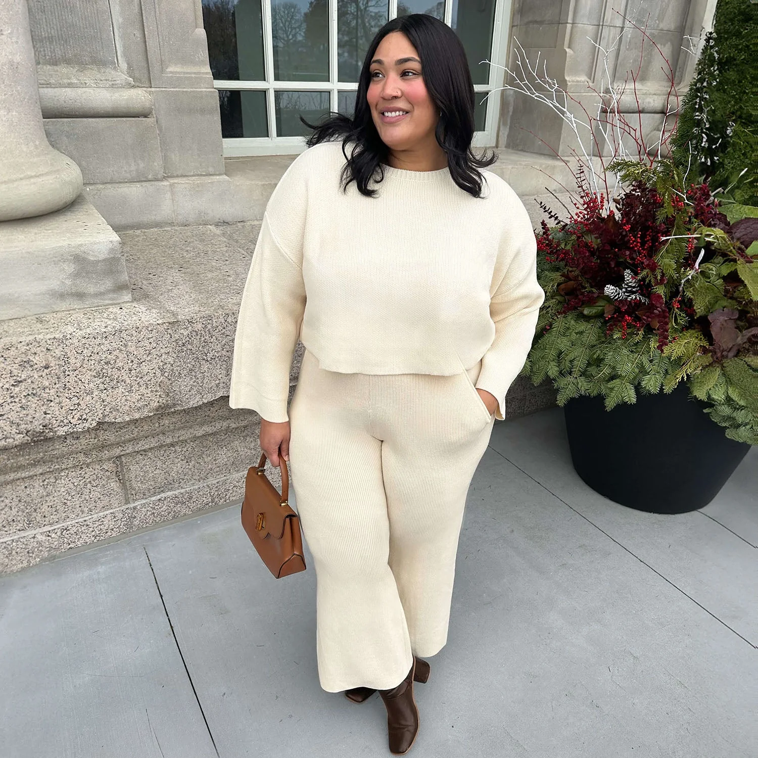 Knit Crop Jumper & Wide Leg Trousers Oatmeal Bundle - Zenithce