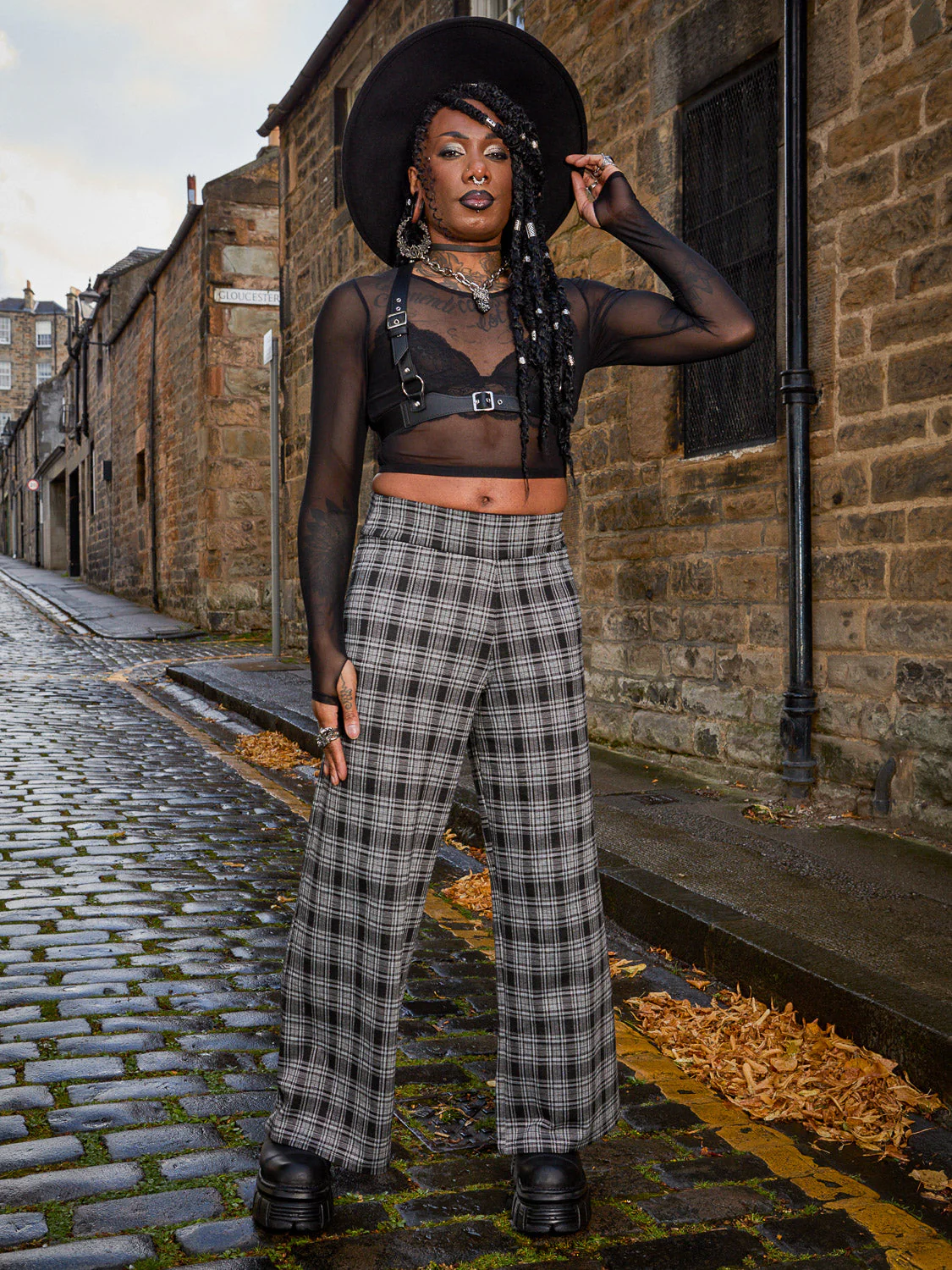 Plaid Wide-Leg Trousers - Black & Grey - Zenithce