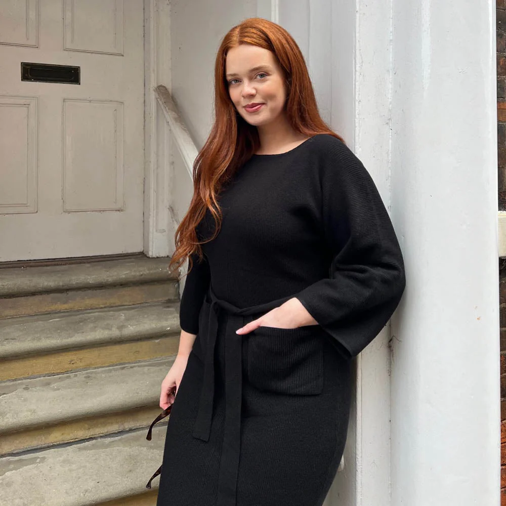 Midi Knitted Cocoon Dress - Black - Zenithce