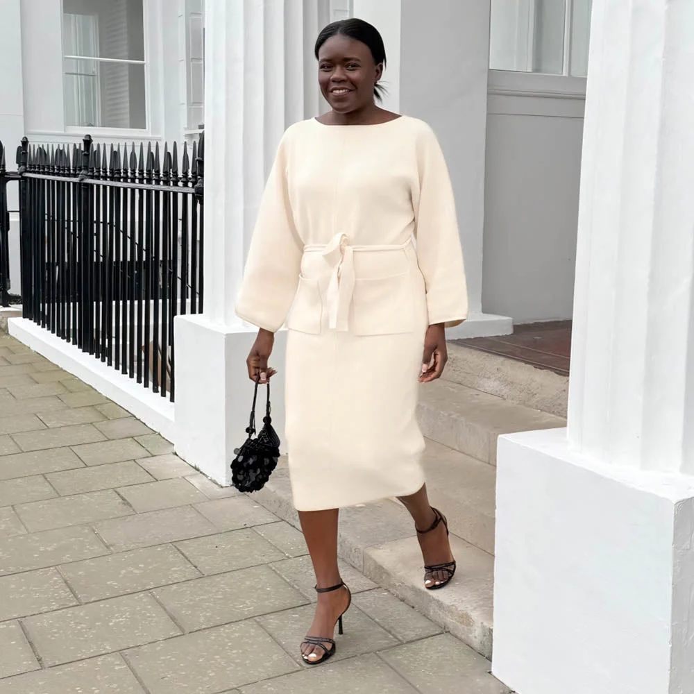 Midi Knitted Cocoon Dress - Oatmeal - Zenithce