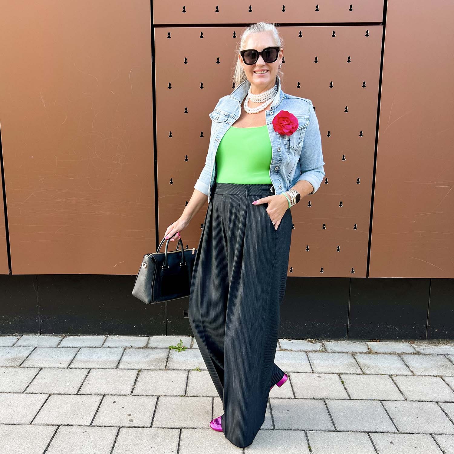 Wide Leg Pinstripe Tailored Trousers - Black - Zenithce