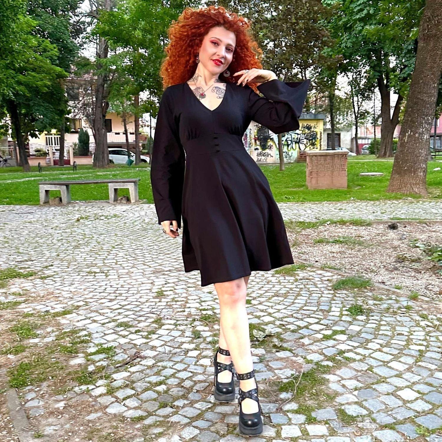 Bell Sleeve Mini Dress - Black - Zenithce