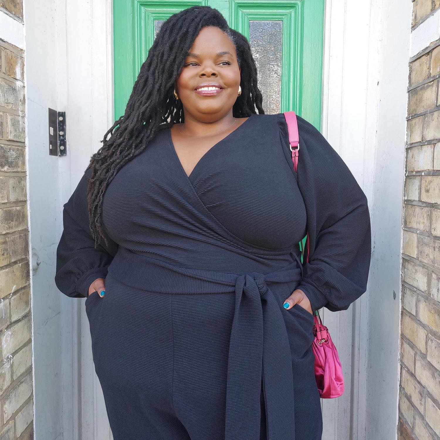 Ottoman Long Sleeve Wrap Jumpsuit - Black - Zenithce