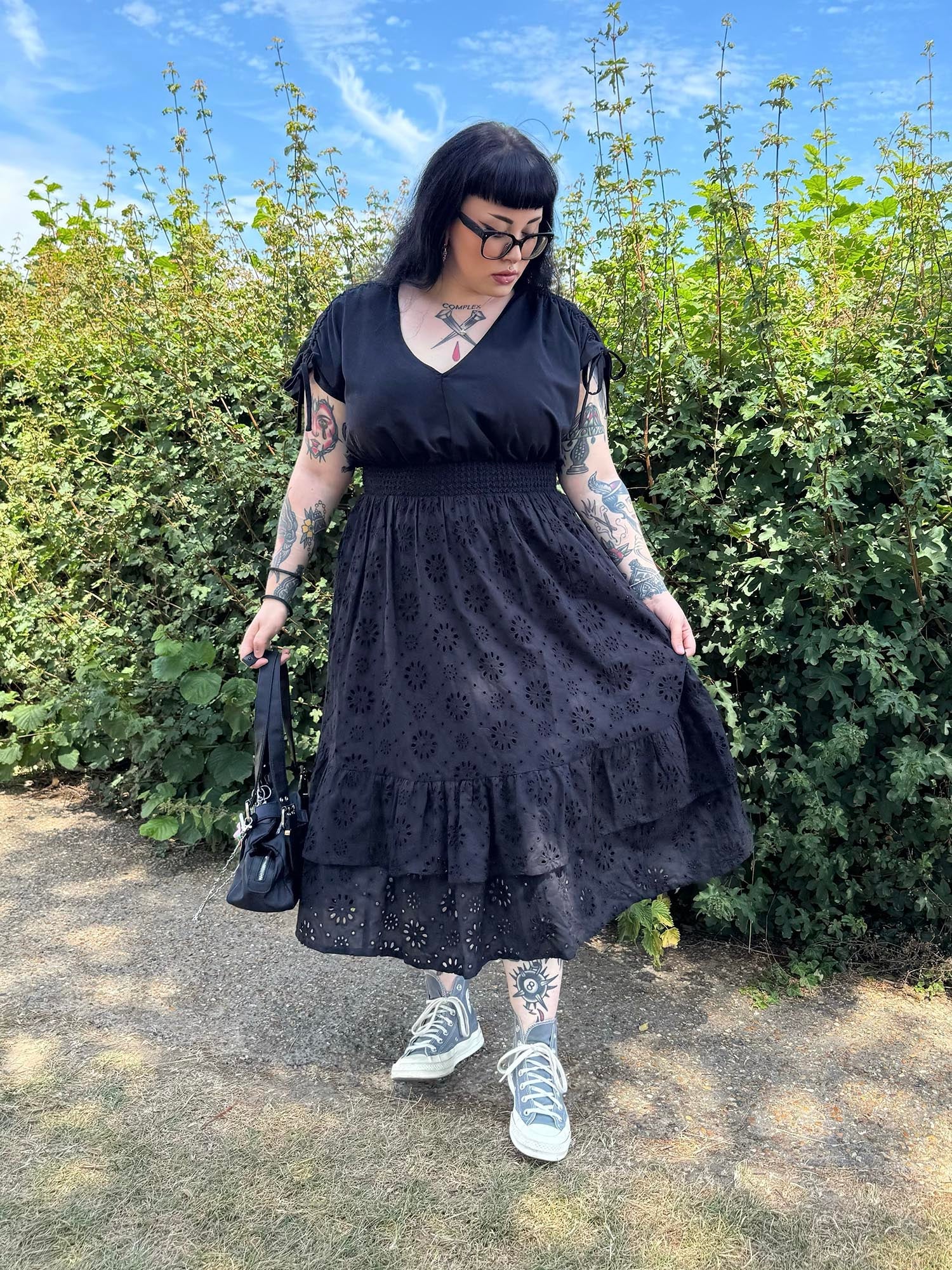 Broderie Anglaise Midi Dress - Black - Zenithce