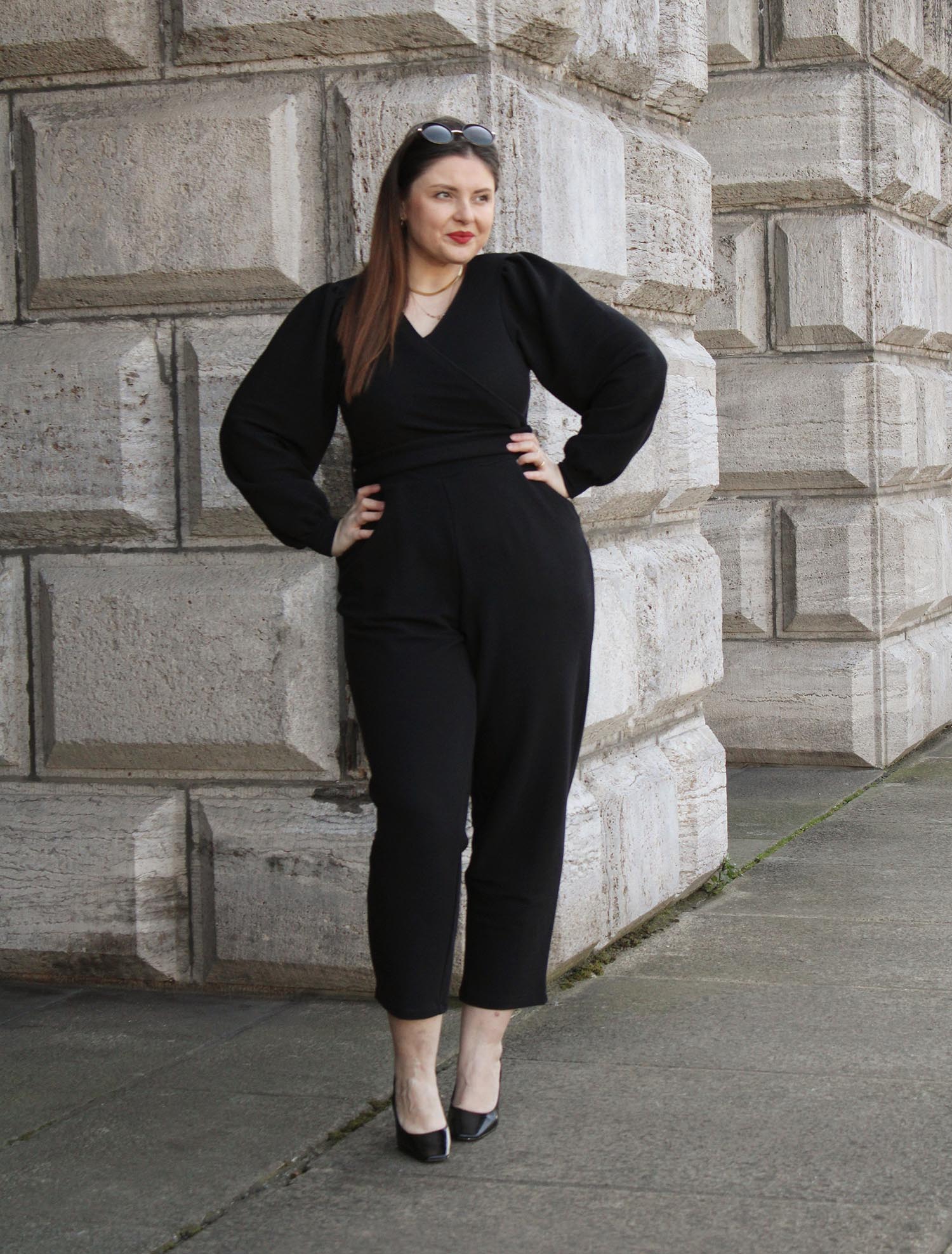 Ottoman Long Sleeve Wrap Jumpsuit - Black - Zenithce