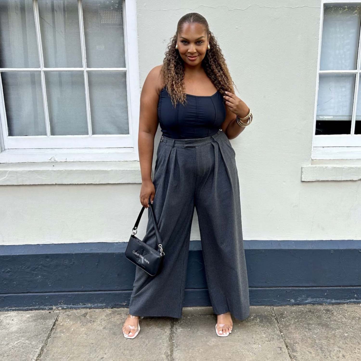 Wide Leg Pinstripe Tailored Trousers - Charcoal - Zenithce