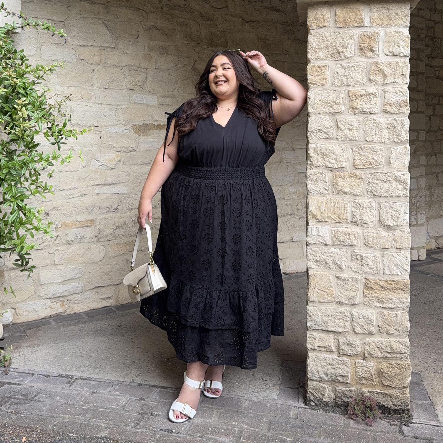 Broderie Anglaise Midi Dress - Black - Zenithce