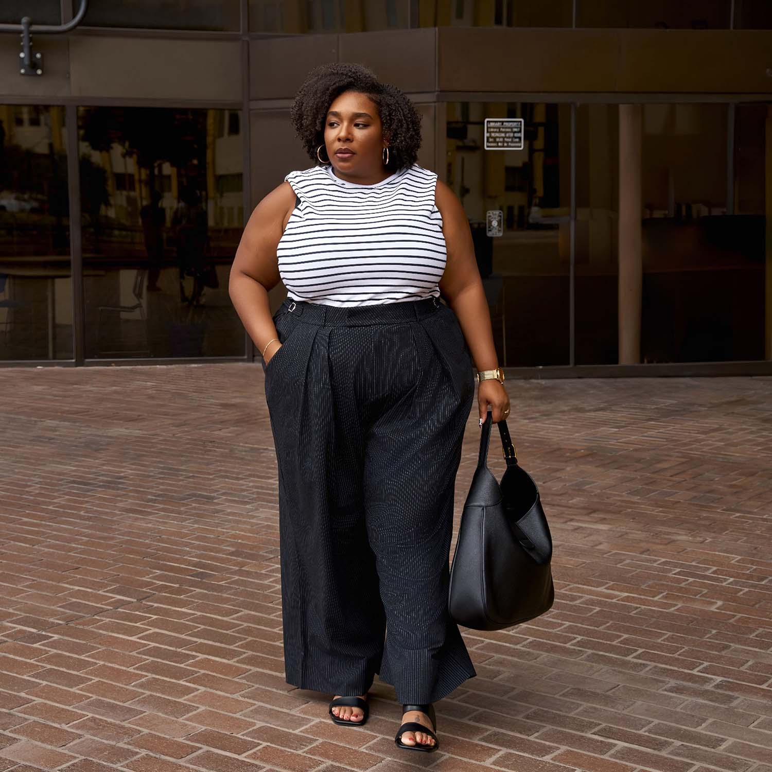 Wide Leg Pinstripe Tailored Trousers - Black - Zenithce