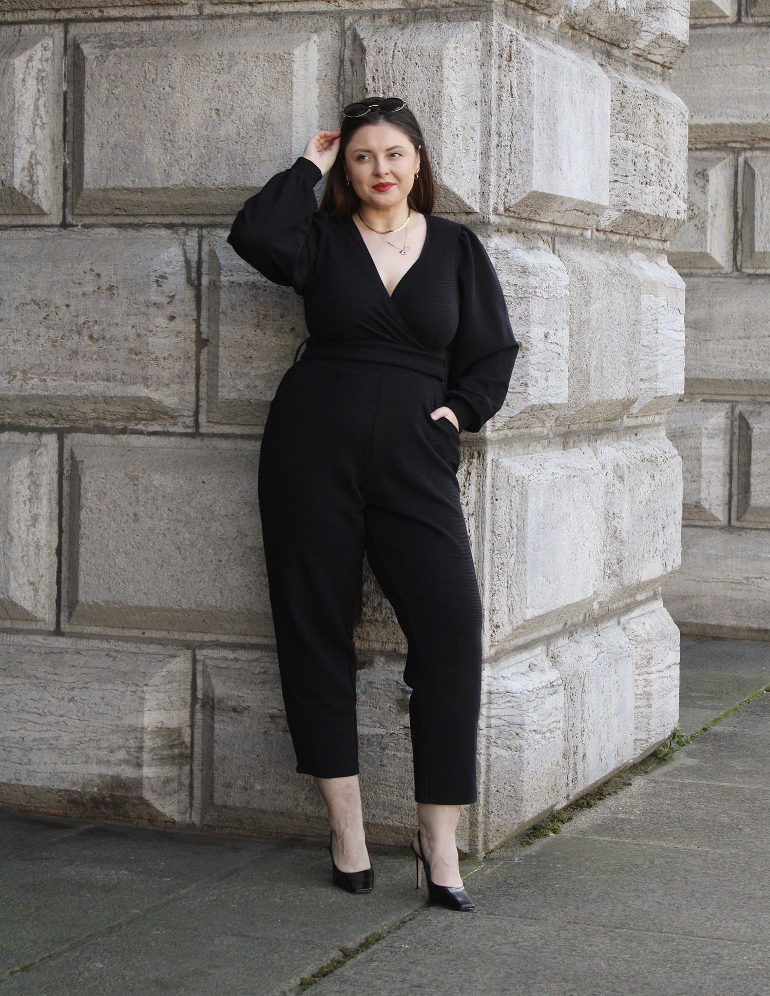 Ottoman Long Sleeve Wrap Jumpsuit - Black - Zenithce