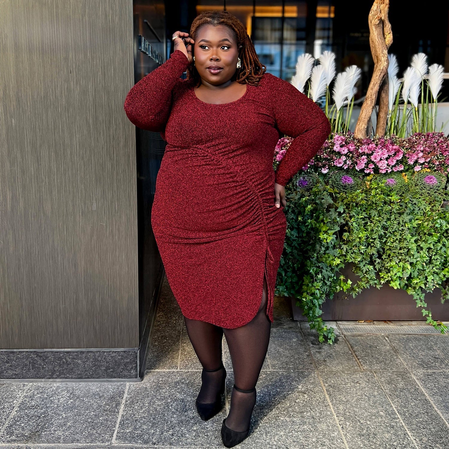 Lurex Long Sleeve Dress - Bordeaux - Zenithce