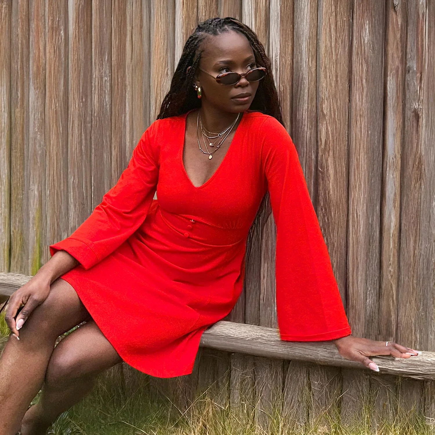 Bell Sleeve Mini Dress - Sangria - Zenithce