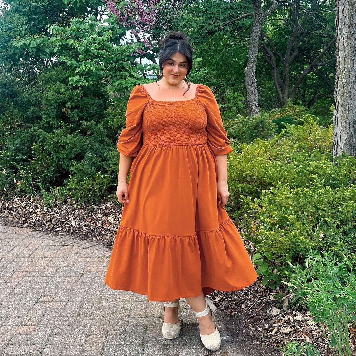 Long Sleeved Shirred Midi Dress - Toffee Apple - Zenithce