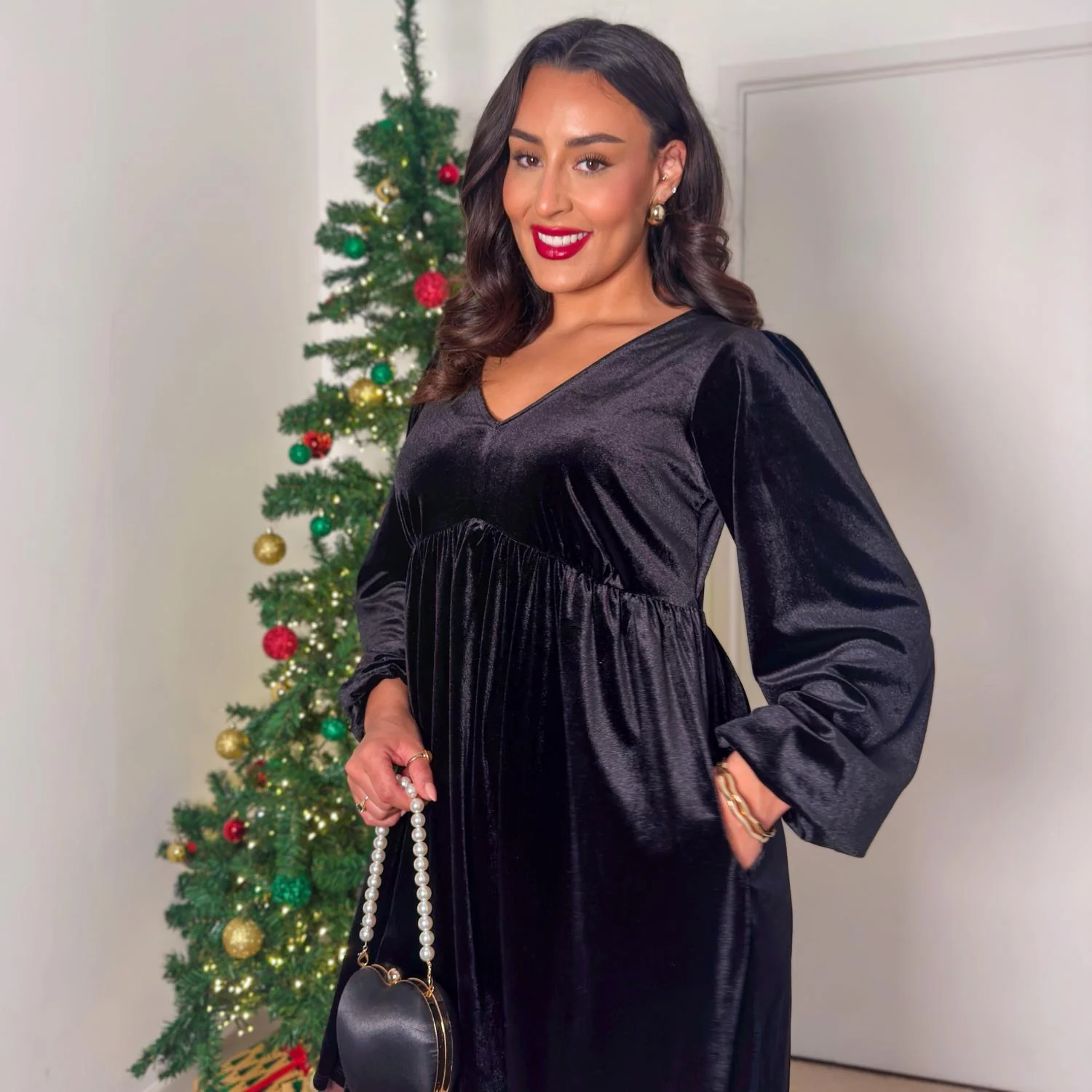 Velvet Baby Doll Dress - Black - Zenithce