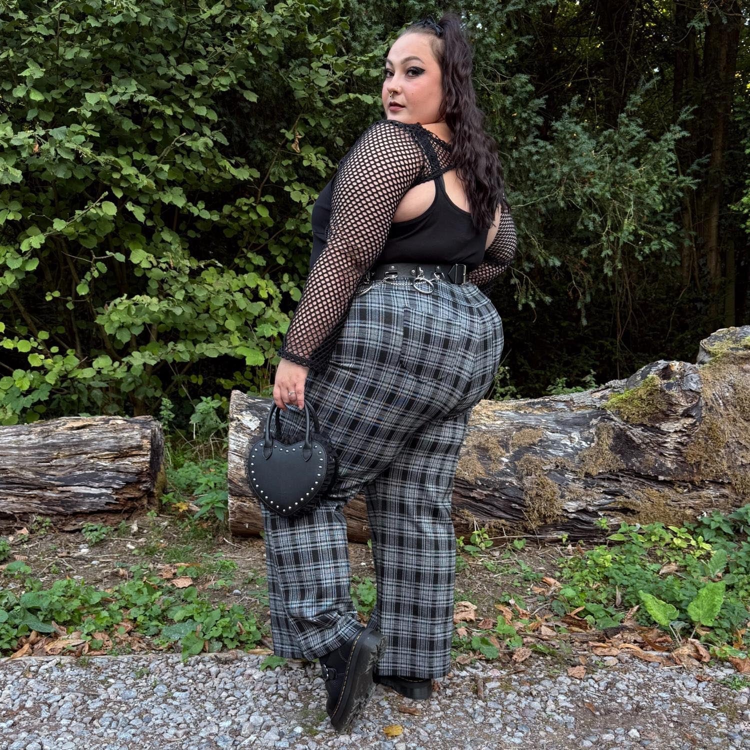Plaid Wide-Leg Trousers - Black & Grey - Zenithce