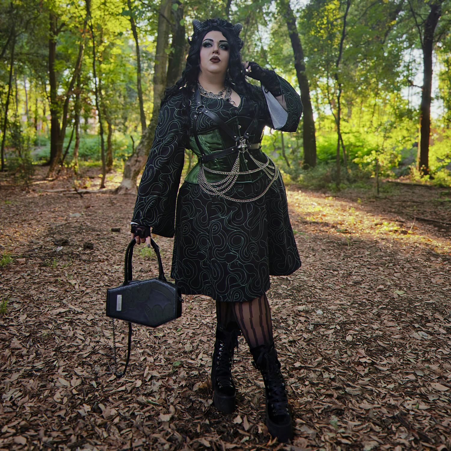 Corra Bell Sleeve Mini Dress - Foliage & Black - Zenithce