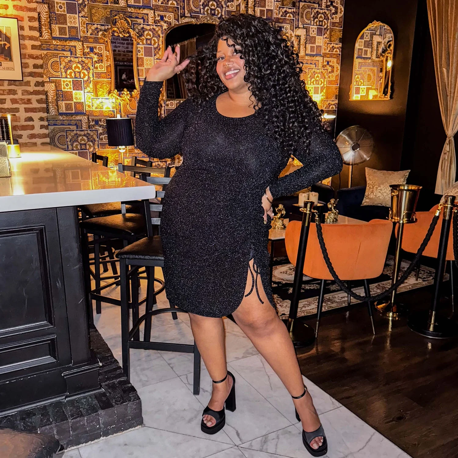 Lurex Long Sleeve Dress - Black - Zenithce