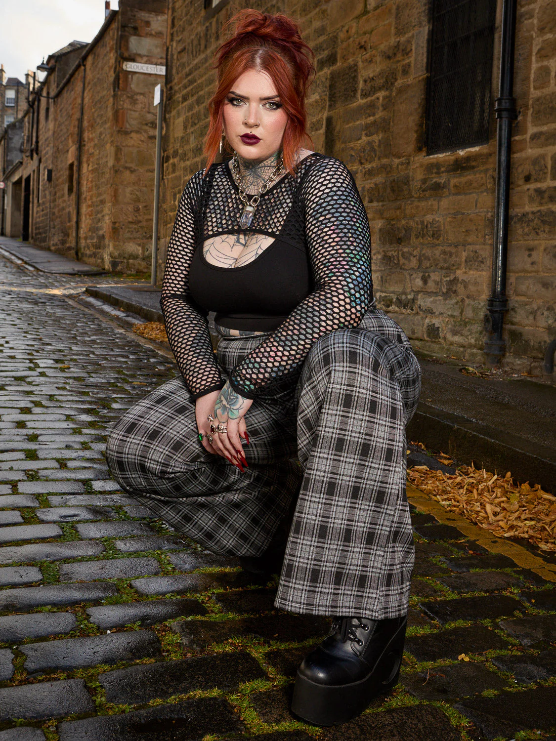 Plaid Wide-Leg Trousers - Black & Grey - Zenithce